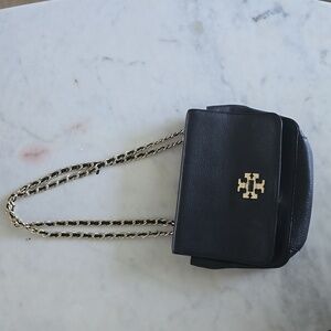 Tory Burch Black Leather Shoulder Bag with Gold Chain